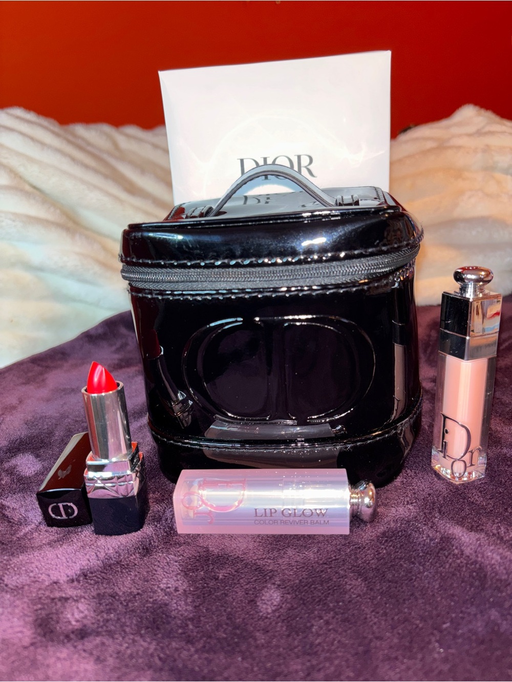Dior Women Makeup Set with Black Patent Cosmetic Case and Lip Products 🌺
